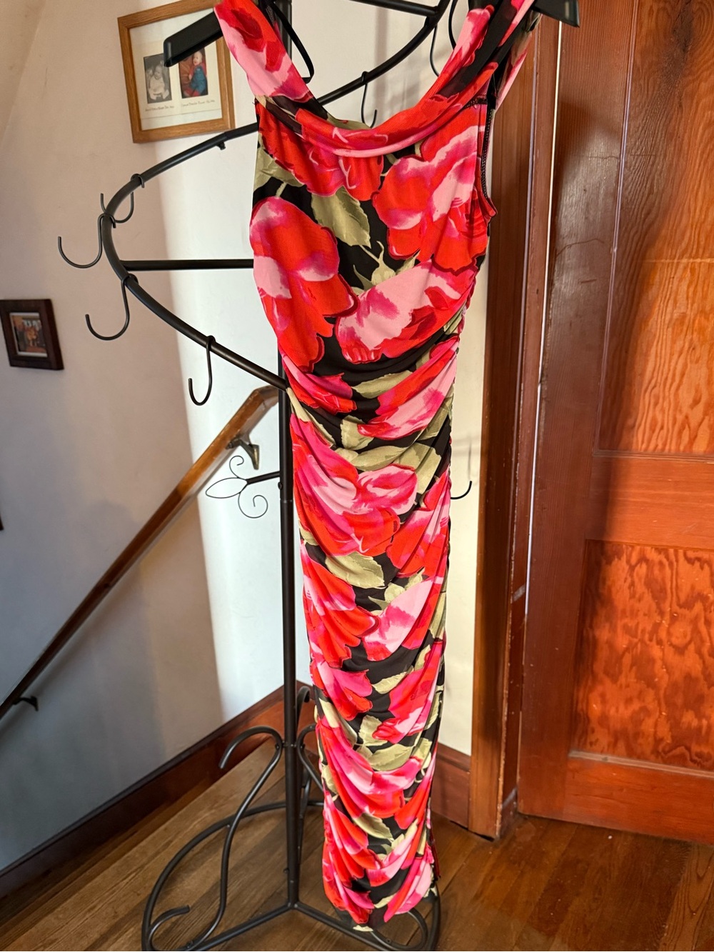 Floral Ruched Maxi dress in Pink and Red